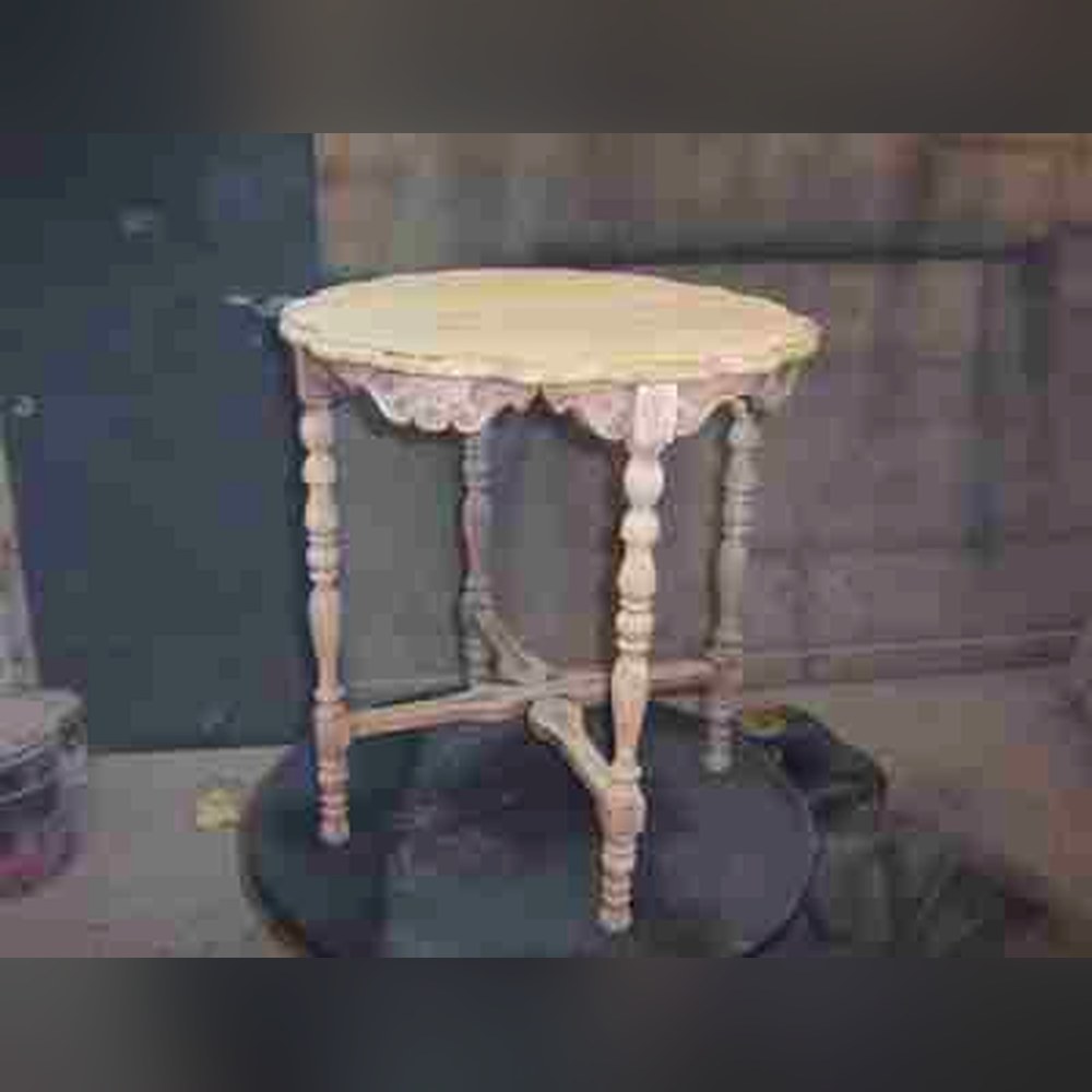 Antique side table with turned legs and scalloped apron — stripped and sanded at Doll Furniture Company, awaiting stain and finish