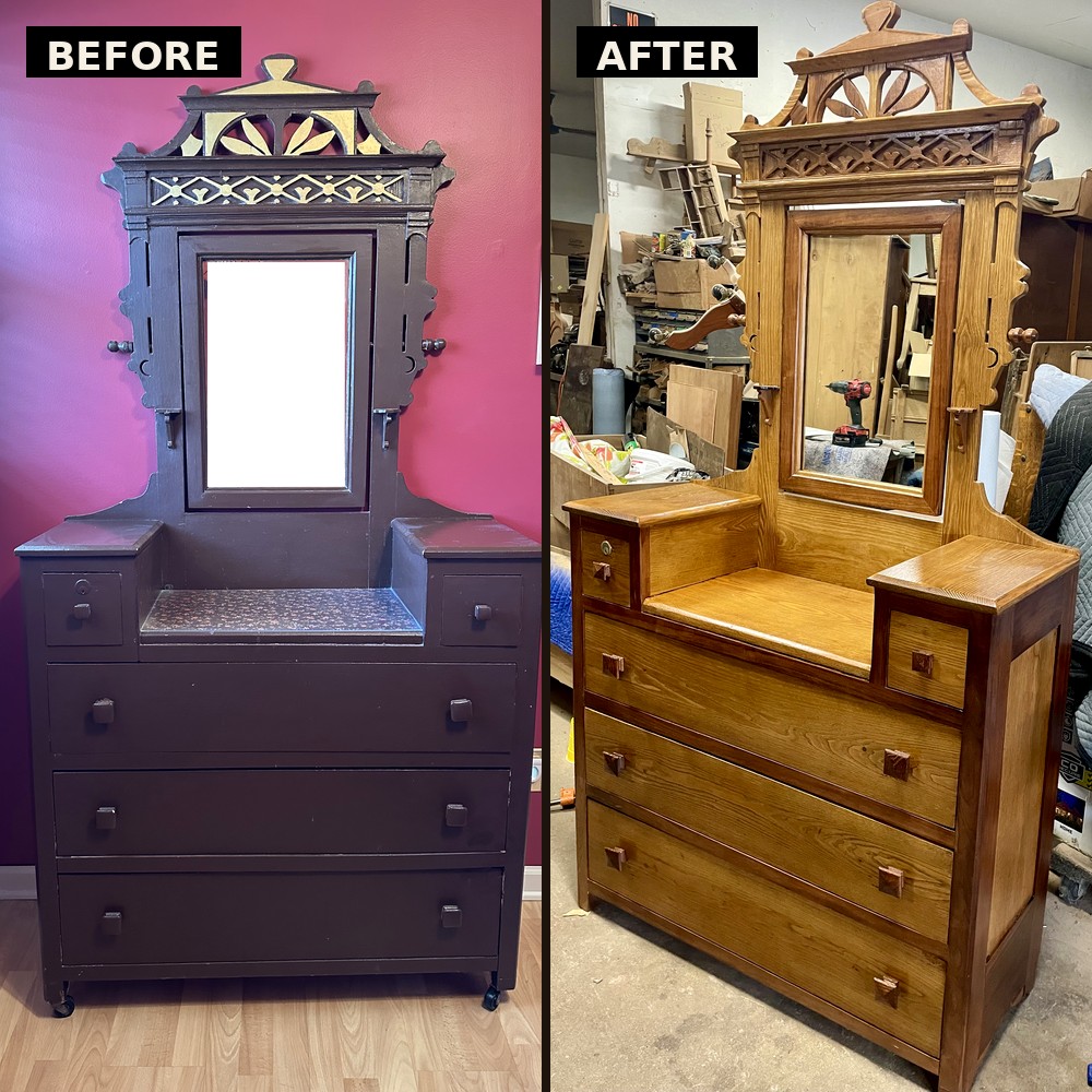 Before and after: antique Eastlake-style Victorian dresser with a mirror and hand-carved fretwork — completely stripped of its dark paint and restored to its original wood by Doll Furniture Company