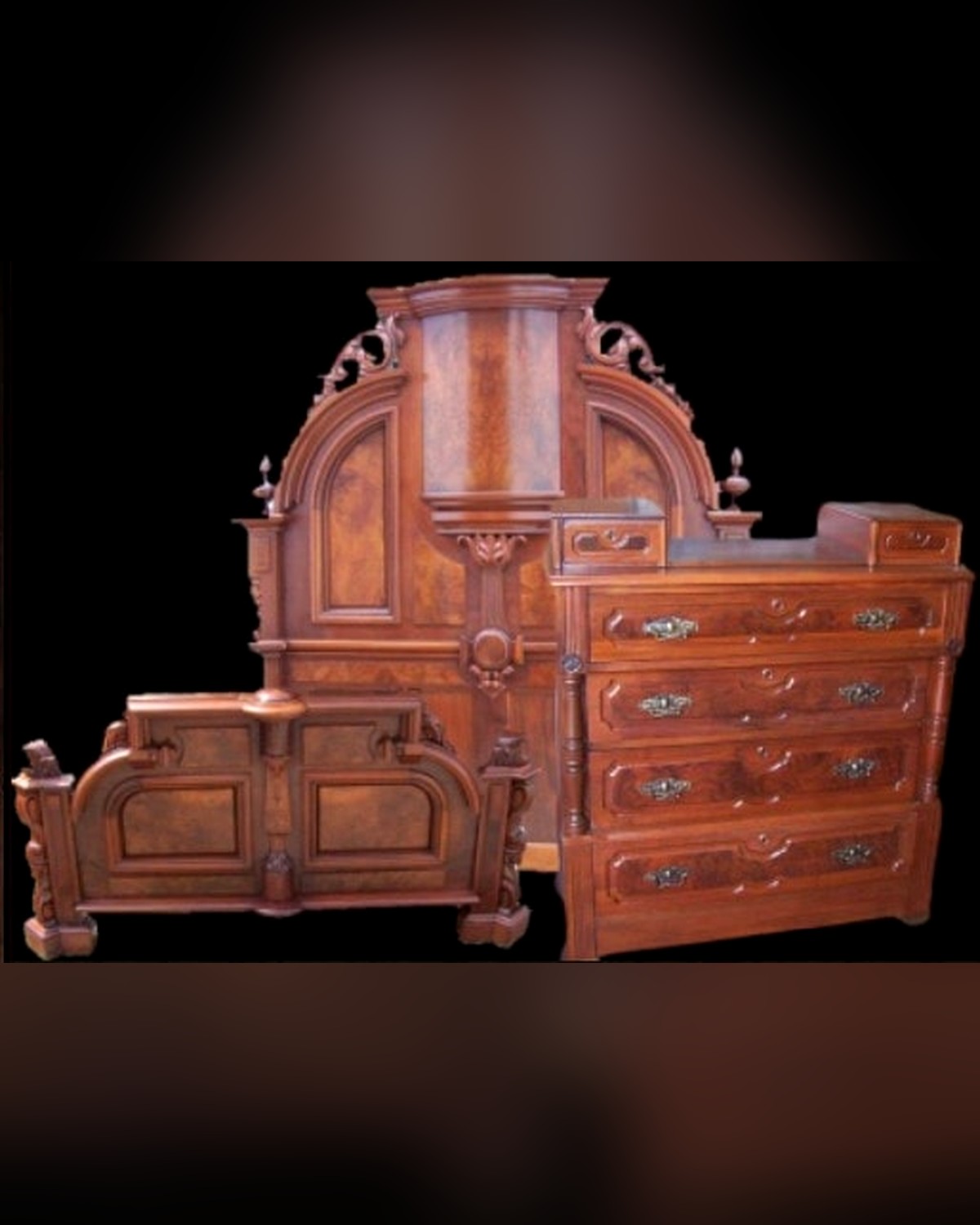 Fully restored early-1800s solid walnut bedroom set with burl veneer panels — repaired by David Shutt and refinished by James Shutt at Doll Furniture Company in Normal, Illinois