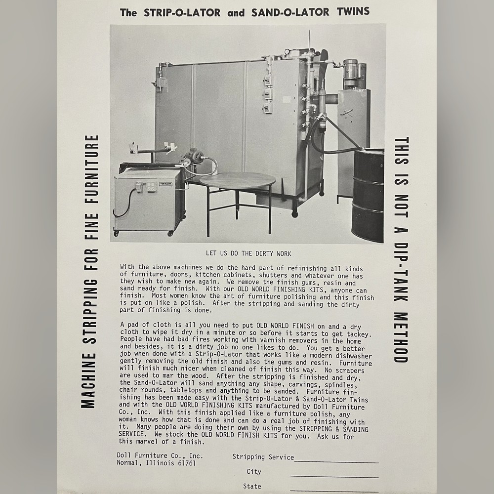 Original vintage sales flyer for The Strip-O-Lator and Sand-O-Lator Twins — Doll Furniture Co., Inc., Normal, Illinois. Headline reads: "Machine Stripping for Fine Furniture — This is Not a Dip-Tank Method"